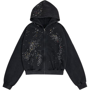 Sweat à capuche zippé noir élégant pour homme 2025/2026 avec motif de points d'étoiles dispersés accrocheurs, doux et décontracté pour un usage quotidien - Product Image 1