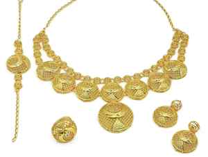 Wholesale Brass <b>14K</b>/18K/24K Dye <b>Gold</b> Plated Flower Pattern Traditional Fashion Wedding <b>Necklace</b> & Earrings Set - Product Image 3