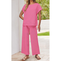 Ensembles de pulls décontractés en coton pour femmes, hauts en tricot brodés à manches courtes et pantalons plissés à jambes larges