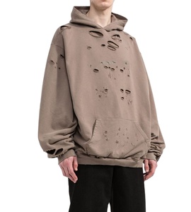 Hoodie streetwear vintage en coton personnalisé, sans cordon, avec motifs graphiques, coupe patchwork, effet vieilli et déchiré, style denim tears, vente en gros - Product Image 1