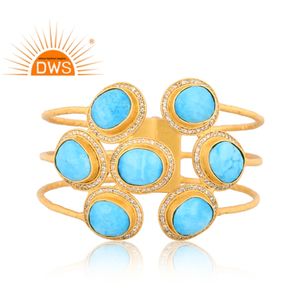 El último diseño hecho a mano 18K chapado en oro Natural Cz y turquesa Gemstone Cuff Bangle Demi Fine Jewelry Manufacturer - Product Image 2