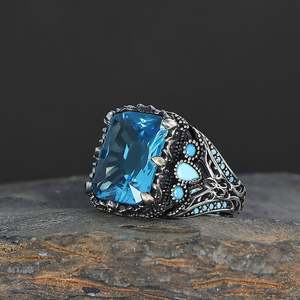 Anillo Azuris de Alta Calidad Estilo Otomano para Hombre en Plata de Ley 925 con Piedra de Ágata Yamen Natural Hecho en Turquía - Product Image 3
