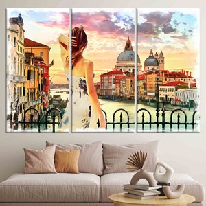 Impresión en lienzo de Venecia, Italia: Mujer abstracta, arte de pared en vidrio templado, JUEGO DE 3 LIENZOS - Product Image 1