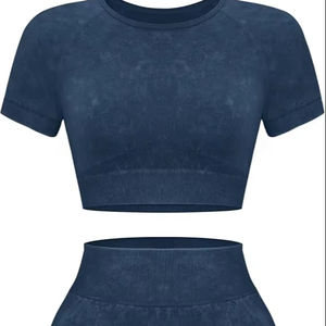 ชุดออกกำลังกาย2ชิ้นสำหรับผู้หญิงชุดเล่นโยคะล้างกรดและเสื้อครอปเข้ากันกับกางเกงขาสั้น - Product Image 3