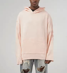 Custom Men Streetwear Pullover Hoodies 300 Gsm French Terry de gran tamaño gota hombro en blanco rosa Raw Hem Hoodies - Product Image 3