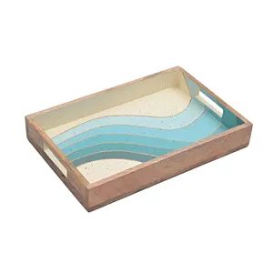 Plateau de service décoratif en bois moderne fait à la main, nouveau design avec motif de vagues océaniques, forme rectangulaire ronde pour la vaisselle. - Product Image 1