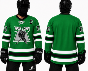 SINEWY SPORTS Men's Custom Ice Hockey Jersey Green White Black Striped Sublimated V-Neck Full Sleeve Moisture Wicking Apparel - Product Image 3