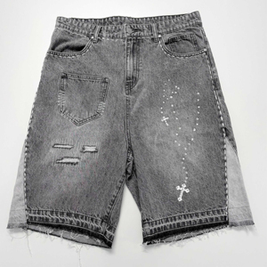 OEM Short en jean à strass de haute qualité, style décontracté, pour hommes, coupe et couture, lavage à l'acide, short en jean vieilli pour hommes - Product Image 1