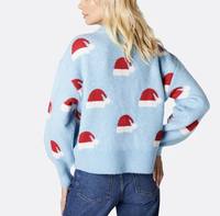 Pull de Noël pour femme, motif jacquard chapeau de Père Noël, tricot festif bleu clair, conception personnalisée OEM