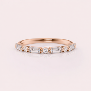 IGI Certified Lab Grown Diamond Wedding Band Baguette and Round Cut Diamond Anniversary <b>Ring</b> 18K White / Rose And Yellow Gold - Product Image 6