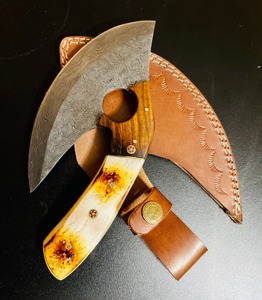 Chef de cuisine professionnel Ulu couteau à découper les légumes Logo personnalisé imprimé lame en acier damas incurvée couteaux à manche en bois - Product Image 3