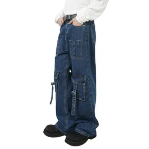 2024日本多合一潮流复古街头嘻哈宽松大口袋设计时尚货物牛仔裤