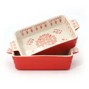 Custom Logo Ceramic Rectangle Hand Paint Bakeware Stoneware Bread Cake Baking Pans Dish Bake Tray with Double Ear