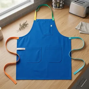 Tablier de cuisine bleu robuste et réutilisable avec taille ajustable et trois poches pour la cuisson et l'usage quotidien, style simple en toile tissée - Product Image 1