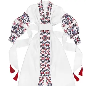 बोहो जातीय पुष्प कढ़ाई वी-गर्दन चाय की लंबाई मध्य बेल्ट के साथ महिलाओं के लिए पोशाक