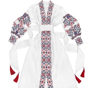 Boho ethnique floral brodé col en V thé longueur avec ceinture mi robe Ukraine pour les femmes - Product Image 1