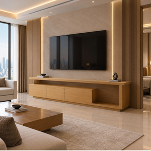 Meuble TV moderne en bois massif avec plateau flottant long, portes de rangement et étagère ouverte – Style minimaliste pour salon - Product Image 5