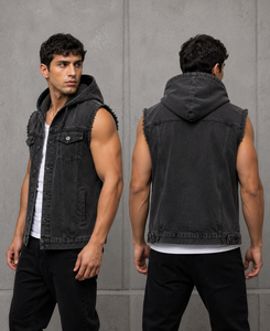 Chaleco Vaquero sin Mangas para Hombre, Personalizado, con Capucha, de Algodón Lavado, Estilo Casual, Color Sólido, Bordes Deshilachados, Estilo Urbano - Product Image 2