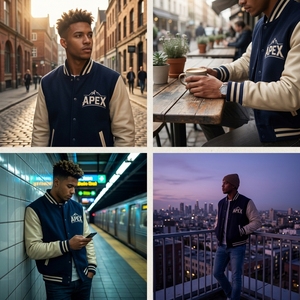Veste de style universitaire personnalisée en bleu marine et crème, corps en laine, manches contrastées, design brodé - Product Image 6