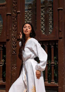 Indian <b>Winter</b> Wear Women Amber Ukrainian <b>Dress</b> Puff <b>Long</b> Stylish Sleeve v Neck Hand Embroidered Ukrainian <b>Dress</b> with Belt - Product Image 3