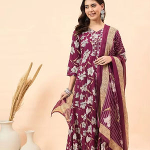 Mujeres étnicas Floral Impreso Cuello en V Algodón Puro Anarkali Kurta Con Pantalones & Dupatta indio pakistaní salwaar kameez traje - Product Image 1