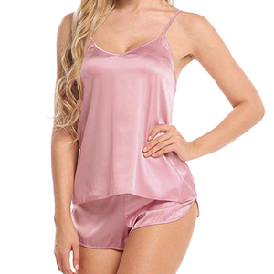 Vente en gros de vêtements de nuit de haute qualité pour dames pyjamas deux pièces en polyester teinté de soie pour femmes ensemble à bretelles spaghetti - Product Image 4