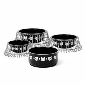 Bol pour animaux de compagnie moderne noir en gros avec un design mignon de visage de chat blanc, bol pour nourriture et eau pour chat et chien avec support en fil métallique, ensemble de fournitures - Product Image 1