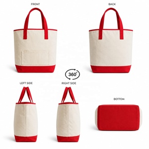 MORGANS INDUSTRIES <b>Canvas</b> <b>Tote</b> Bag Beige Red Handles Minimalist Style Open Top Zipper Closure Embroidery All Seasons Bag - Product Image 2