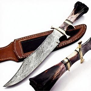 Cuchillo de hoja fija forjado a mano de acero de Damasco, tipo Bowie, con mango de hueso de color OEM y guardacuchillo de latón, cuchillo táctico para exteriores de alta durabilidad. - Product Image 1