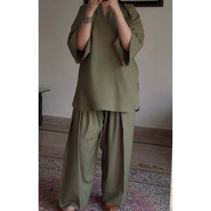 Modest Olive Green V-neck Three Quarter Sleeve Woven Fabric Shalwar Kameez <b>Suit</b> for Women - Product Image 1