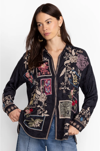 Boho Embroidered <b>Patchwork</b> Shirt Women's Loose Fit Three Quarter Sleeve Casual <b>Top</b> All Seasons Black Polyester Blouse - Product Image 6
