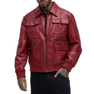 Veste cargo rouge en similicuir pour hommes, Streetwear multi-poches, style bombardier, nouveau design de mode - Product Image 2