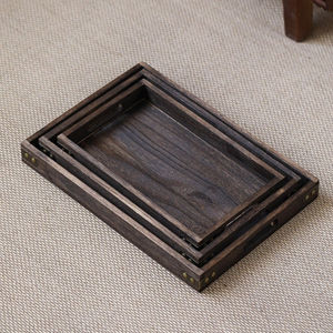 Eye Catching Design Wooden Serving Tray Walnut Finishing Set Of 3 Perfect for Home and Restaurant with <b>Metal</b> <b>Corner</b> Storage Tray - Product Image 1