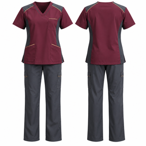 Conjunto de Uniforme Médico Personalizado para Mujer, Color Granate y Gris, Cuello en V, Manga Corta, Tela de Poliéster y Algodón, Bolsillos, Cierre de Broches - Product Image 1