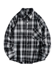 Crown Gate International <b>Men's</b> Black <b>White</b> Solid Flannel <b>Shirt</b> <b>Long</b> <b>Sleeve</b> Casual V-neck Summer Wear 100% Polyester Front Logo - Product Image 1