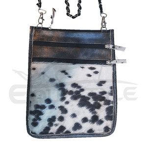 Women's Genuine Leather Western <b>Crossbody</b> Purses Fashionable <b>Double</b> <b>Zip</b> Detachable Long Strap Black White Cowhide Animal Prints - Product Image 2