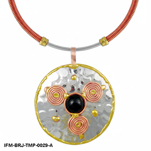 Handcrafted Mixed Metal Hammered Circle Pendant <b>Necklace</b> Tri-Metal Copper Brass, and <b>Silver</b> <b>Torque</b> Choker with Black Onyx Accent - Product Image 2