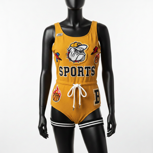 ชุดว่ายน้ำผู้หญิงพรีเมียม ผ้าโพลีเอสเตอร์ผสมสแปนเด็กซ์ สีเหลืองมัสตาร์ด สไตล์สปอร์ต ปักลายเชนีล พร้อมปักโลโก้ตามสั่ง - Product Image 6