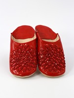Mules d'intérieur en cuir marocain rouges à paillettes, broderie florale perlée, bout rond, à enfiler, vente en gros