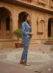 Ensemble trois pièces imprimé numérique bleu indigo pour femme, style bohème ethnique indien, 100 % coton, écologique, taille naturelle, coordonné - Product Image 4