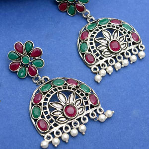 Pendientes de tuerca oxidada de Piedra Rosa y verde de alto grado con patrón geométrico directo del proveedor indio - Product Image 1