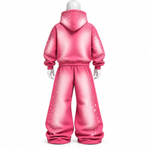 Ensemble sweat à capuche zippé et pantalon de survêtement surdimensionné pour homme, personnalisé avec logo brodé, imprimé délavé à l'acide et strass, 100% coton, manches longues - Product Image 5
