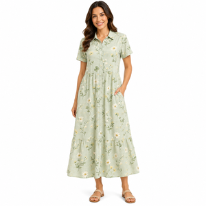 Robe longue bohème numérique vert clair à imprimé floral pour femme, manches courtes, boutonnée sur le devant, coupe décontractée, à volants, avec poches, pour l'été - Product Image 1