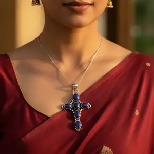 Pendentif Croix en Argent 925 avec Lapis-Lazuli, Bijou Religieux Fait Main en Pierre Précieuse avec Placage Rhodium pour Femme - Product Image 3