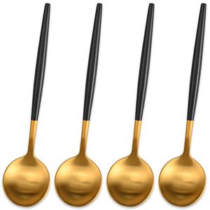 Ensemble de cuillères en acier inoxydable plaqué or de luxe avec manche noir, couverts modernes écologiques pour mariage, cuisine et salle à manger - Product Image 1