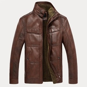 Veste chaude imperméable en cuir véritable à manches longues pour hommes avec fermeture éclair doublée de col montant et longueur régulière - Product Image 2
