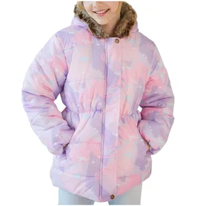 Customized Girls Winter Varsity <b>Jacket</b> Coats <b>Kids</b> Floral Print Winter <b>Jacket</b> Breathable Sustainable Nylon Lining <b>Jackets</b> - Product Image 2