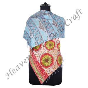 SC1036 Vintage Kantha Work Cotton Handmade <b>Scarf</b> Trendy Design Girls Allover Hand Stitched Plain Style <b>Long</b> Length - Product Image 2