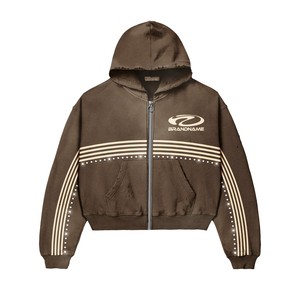 Conjuntos de dos piezas deportivos de moda personalizados Sudadera con capucha serigrafiada con rayas y cómodos chándales de joggers de lana para hombres - Product Image 5