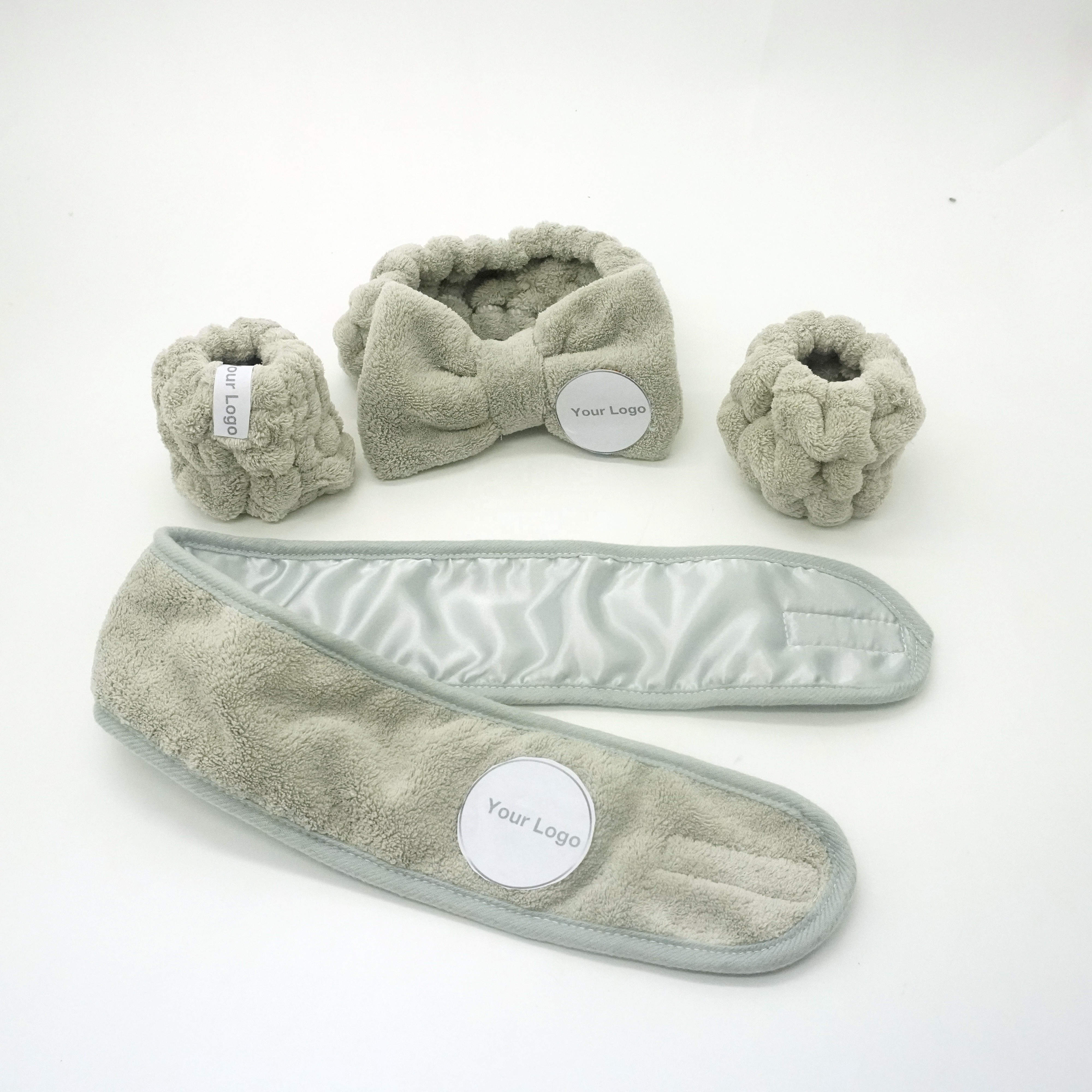 Роскошный набор из шелковой повязки на голову для спа, повязка на запястье, повязка для мытья лица, набор для женской поддержки лица с индивидуальным логотипом